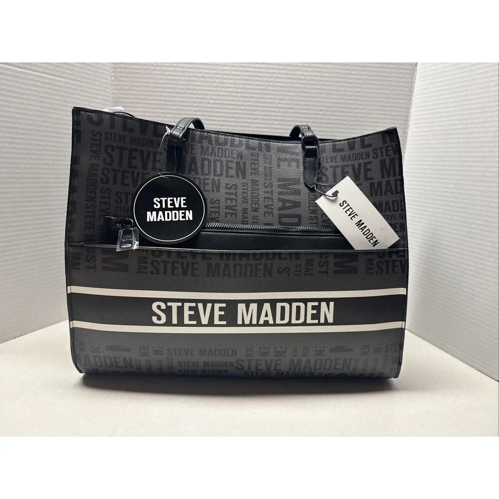 Steve Madden Black Bolivia Tote Logo Bag with Interior  Pouch Black